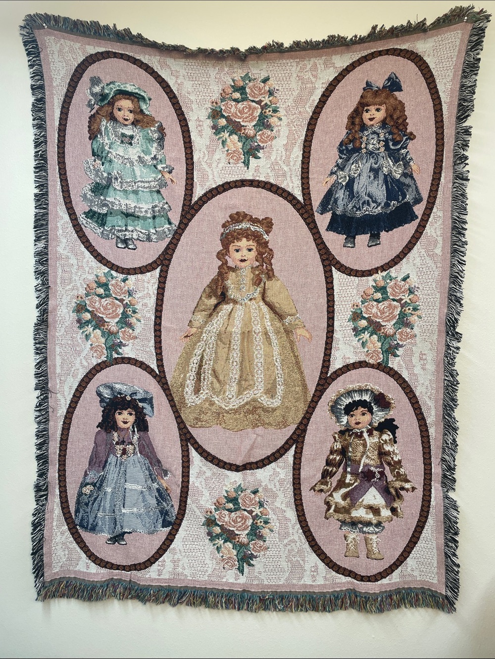 Vntg Tapestry Blanket Porcelain Dolls Pink Pastel Multicolor w/ Fringe 72”x52”